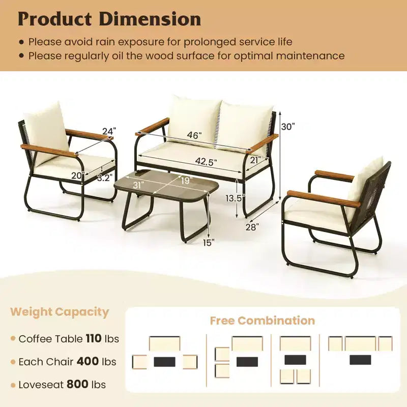 Costway 4/8 PCS Patio Furniture Set with Tempered Glass Coffee Table PE Wicker Rattan Chairs