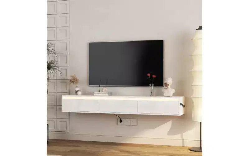 Floating TV Stand Wall Mounted w/Power Outlet, Modern Entertainment Center for 65 Inch TV, High Gloss TV Shelf w/LED Lights for Living Room, Bedroom
