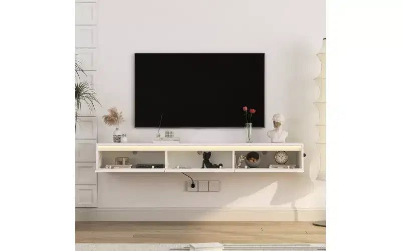 Floating TV Stand Wall Mounted w/Power Outlet, Modern Entertainment Center for 65 Inch TV, High Gloss TV Shelf w/LED Lights for Living Room, Bedroom