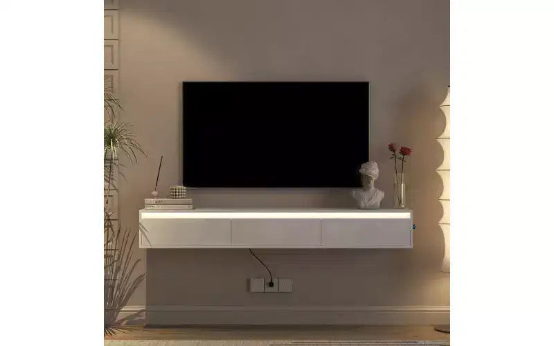 Floating TV Stand Wall Mounted w/Power Outlet, Modern Entertainment Center for 65 Inch TV, High Gloss TV Shelf w/LED Lights for Living Room, Bedroom