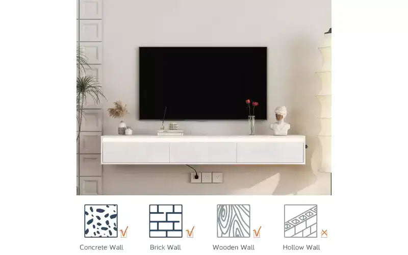 Floating TV Stand Wall Mounted w/Power Outlet, Modern Entertainment Center for 65 Inch TV, High Gloss TV Shelf w/LED Lights for Living Room, Bedroom