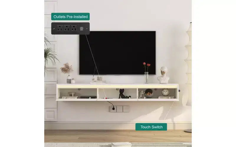 Floating TV Stand Wall Mounted w/Power Outlet, Modern Entertainment Center for 65 Inch TV, High Gloss TV Shelf w/LED Lights for Living Room, Bedroom