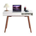 29.5in Modern Home Office Desk with Drawer, Mid Century Computer Writing Desk, Wood Legs, Open Storage Cubby, Small Vanity