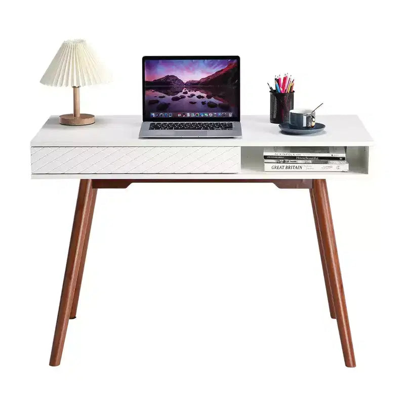29.5in Modern Home Office Desk with Drawer, Mid Century Computer Writing Desk, Wood Legs, Open Storage Cubby, Small Vanity