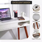 Bureau moderne de 29,5 po pour la maison avec tiroir, bureau d'ordinateur d'écriture de style milieu de siècle, pieds en bois, casier de rangement ouvert, petite coiffeuse