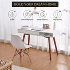 Bureau moderne de 29,5 po pour la maison avec tiroir, bureau d'ordinateur d'écriture de style milieu de siècle, pieds en bois, casier de rangement ouvert, petite coiffeuse