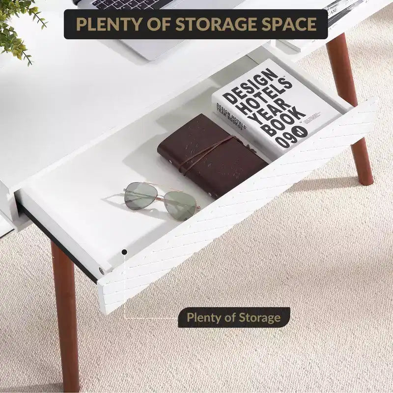 Bureau moderne de 29,5 po pour la maison avec tiroir, bureau d'ordinateur d'écriture de style milieu de siècle, pieds en bois, casier de rangement ouvert, petite coiffeuse