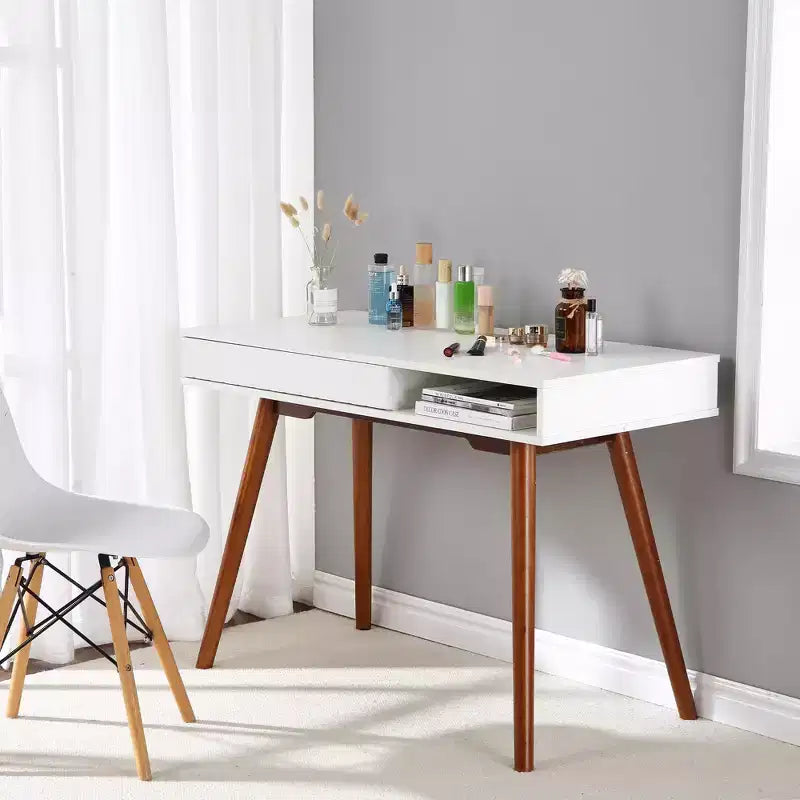 Bureau moderne de 29,5 po pour la maison avec tiroir, bureau d'ordinateur d'écriture de style milieu de siècle, pieds en bois, casier de rangement ouvert, petite coiffeuse