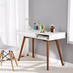 Bureau moderne de 29,5 po pour la maison avec tiroir, bureau d'ordinateur d'écriture de style milieu de siècle, pieds en bois, casier de rangement ouvert, petite coiffeuse