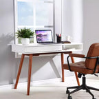 Bureau moderne de 29,5 po pour la maison avec tiroir, bureau d'ordinateur d'écriture de style milieu de siècle, pieds en bois, casier de rangement ouvert, petite coiffeuse