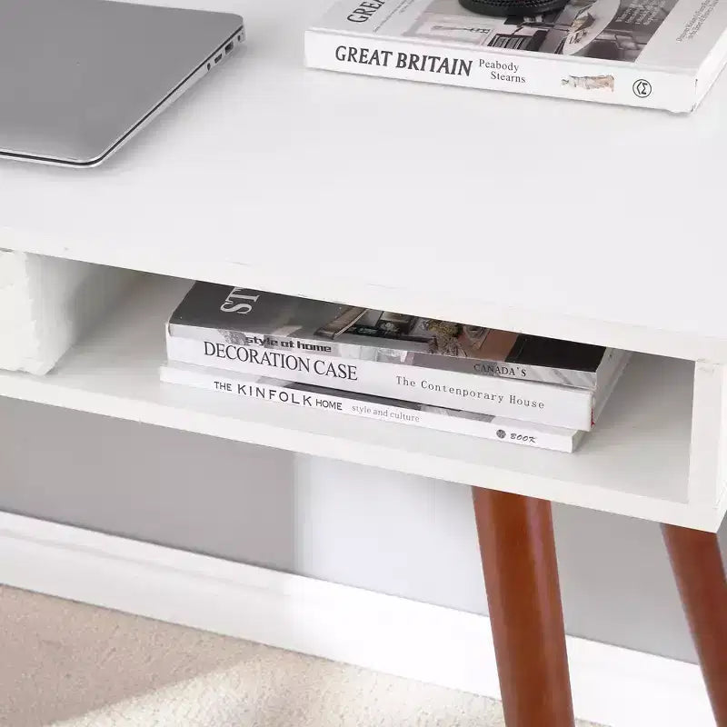 Bureau moderne de 29,5 po pour la maison avec tiroir, bureau d'ordinateur d'écriture de style milieu de siècle, pieds en bois, casier de rangement ouvert, petite coiffeuse