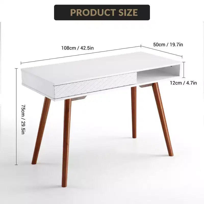 Bureau moderne de 29,5 po pour la maison avec tiroir, bureau d'ordinateur d'écriture de style milieu de siècle, pieds en bois, casier de rangement ouvert, petite coiffeuse