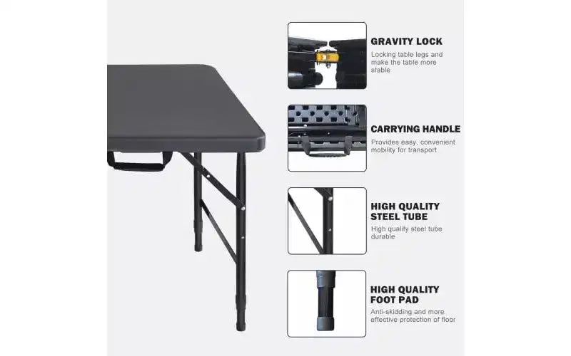 Table pliante 4 pieds, table pliante portable robuste en plastique avec poignée, pieds antidérapants, imperméable, facile à nettoyer