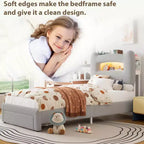 Cadre de lit double rembourré avec tête de lit de rangement à 2 niveaux, lit plateforme LED avec station de charge et tiroir pour enfants/filles/garçons, pas besoin de sommier tapissier