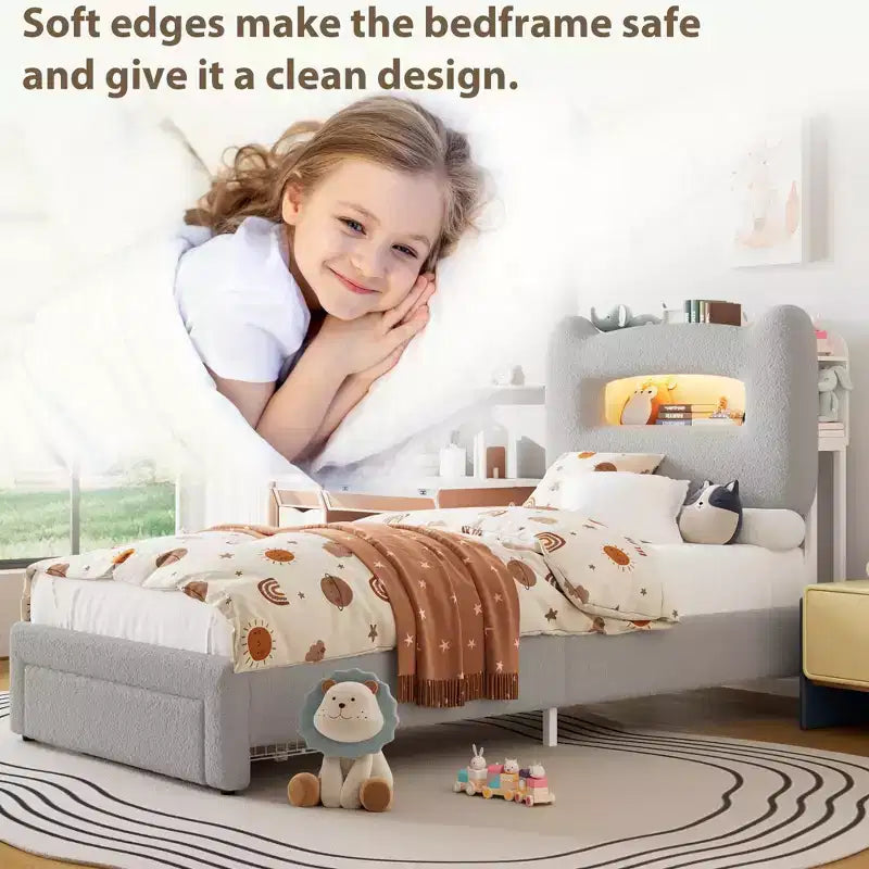 Cadre de lit double rembourré avec tête de lit de rangement à 2 niveaux, lit plateforme LED avec station de charge et tiroir pour enfants/filles/garçons, pas besoin de sommier tapissier