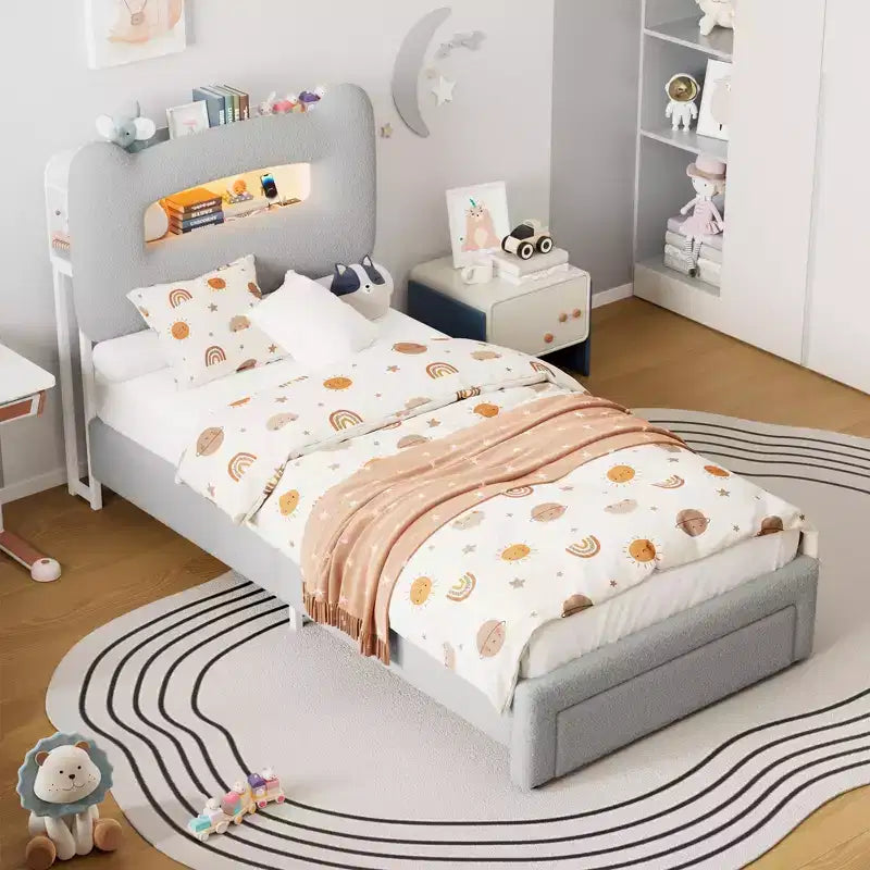 Cadre de lit double rembourré avec tête de lit de rangement à 2 niveaux, lit plateforme LED avec station de charge et tiroir pour enfants/filles/garçons, pas besoin de sommier tapissier