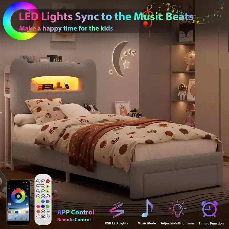 Cadre de lit double rembourré avec tête de lit de rangement à 2 niveaux, lit plateforme LED avec station de charge et tiroir pour enfants/filles/garçons, pas besoin de sommier tapissier