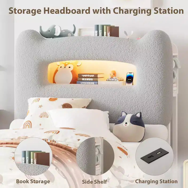 Cadre de lit double rembourré avec tête de lit de rangement à 2 niveaux, lit plateforme LED avec station de charge et tiroir pour enfants/filles/garçons, pas besoin de sommier tapissier