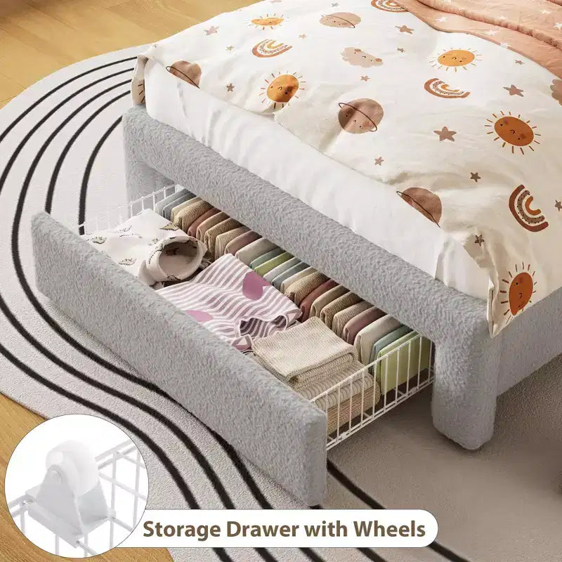 Cadre de lit double rembourré avec tête de lit de rangement à 2 niveaux, lit plateforme LED avec station de charge et tiroir pour enfants/filles/garçons, pas besoin de sommier tapissier