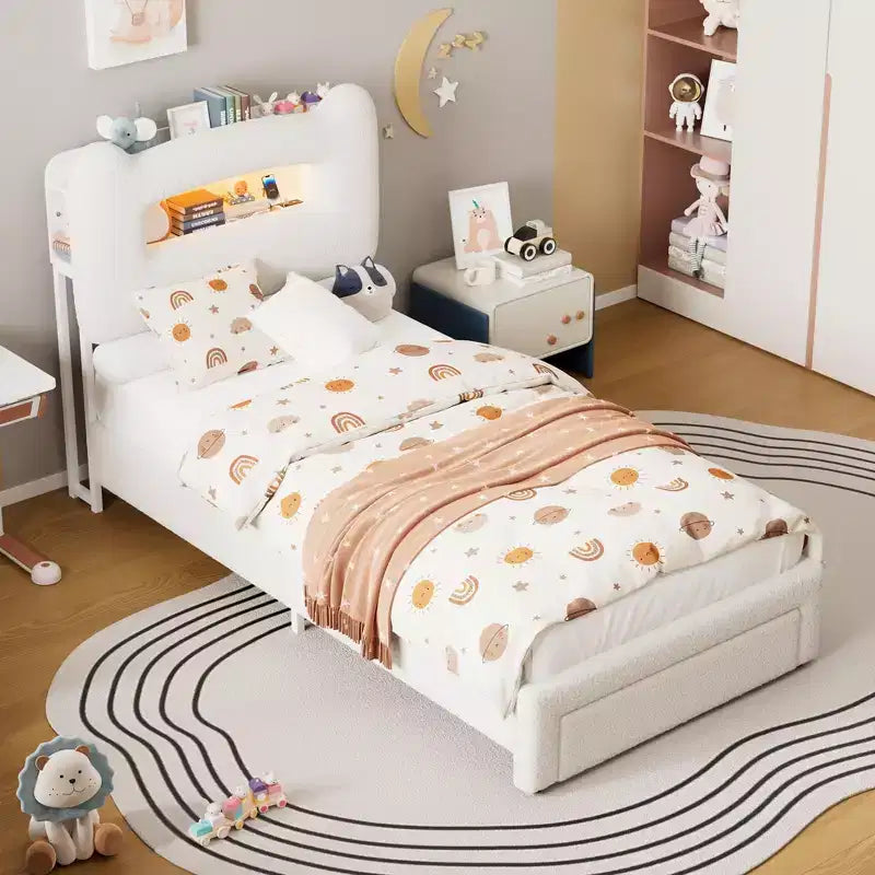 Cadre de lit double rembourré avec tête de lit de rangement à 2 niveaux, lit plateforme LED avec station de charge et tiroir pour enfants/filles/garçons, pas besoin de sommier tapissier