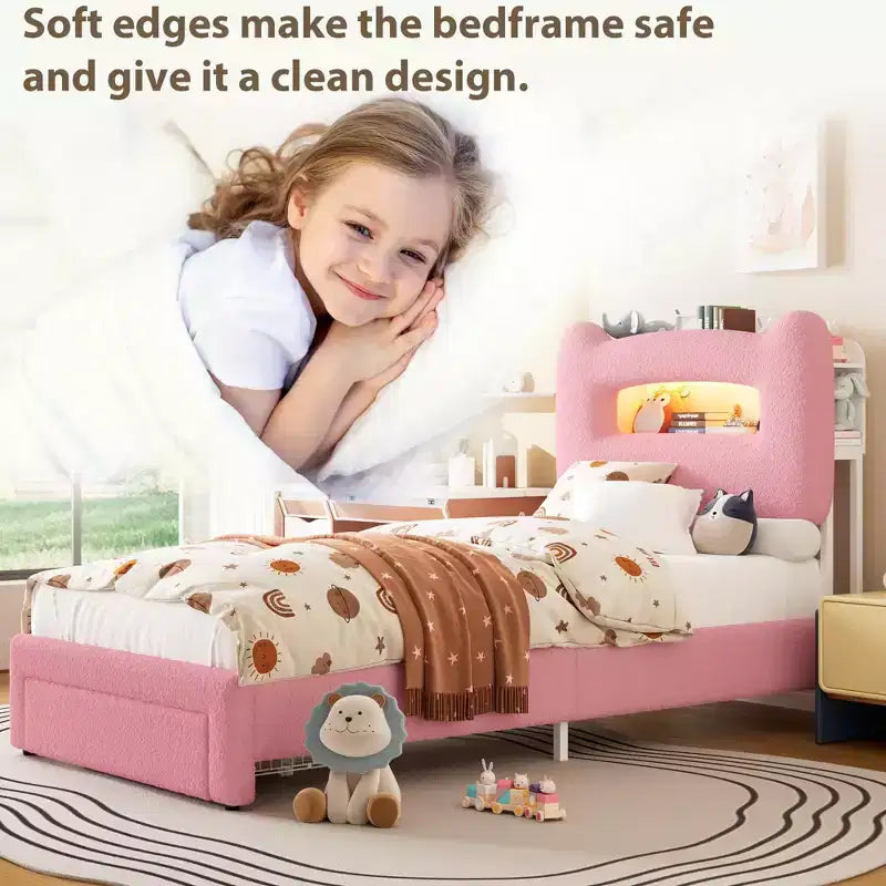Cadre de lit double rembourré avec tête de lit de rangement à 2 niveaux, lit plateforme LED avec station de charge et tiroir pour enfants/filles/garçons, pas besoin de sommier tapissier