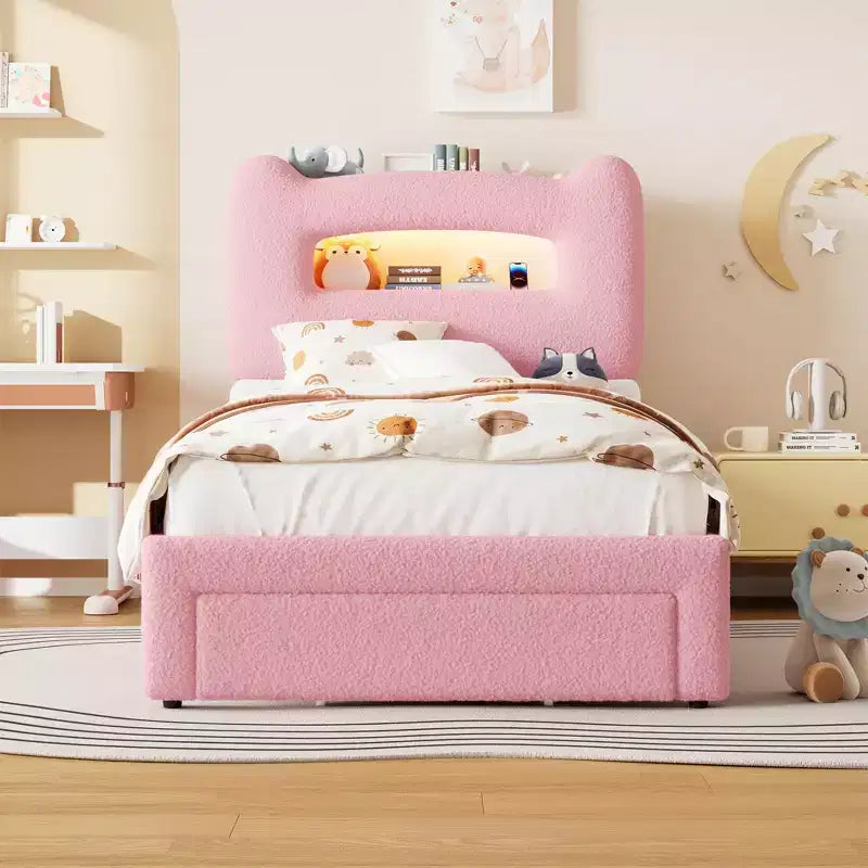 Cadre de lit double rembourré avec tête de lit de rangement à 2 niveaux, lit plateforme LED avec station de charge et tiroir pour enfants/filles/garçons, pas besoin de sommier tapissier