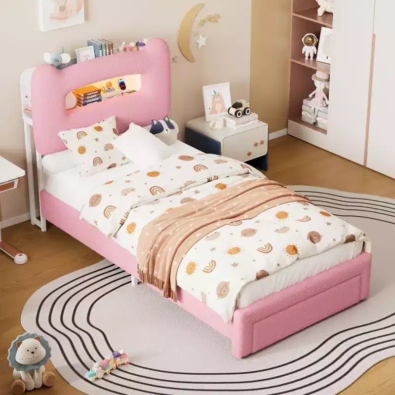 Cadre de lit double rembourré avec tête de lit de rangement à 2 niveaux, lit plateforme LED avec station de charge et tiroir pour enfants/filles/garçons, pas besoin de sommier tapissier