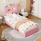 Cadre de lit double rembourré avec tête de lit de rangement à 2 niveaux, lit plateforme LED avec station de charge et tiroir pour enfants/filles/garçons, pas besoin de sommier tapissier