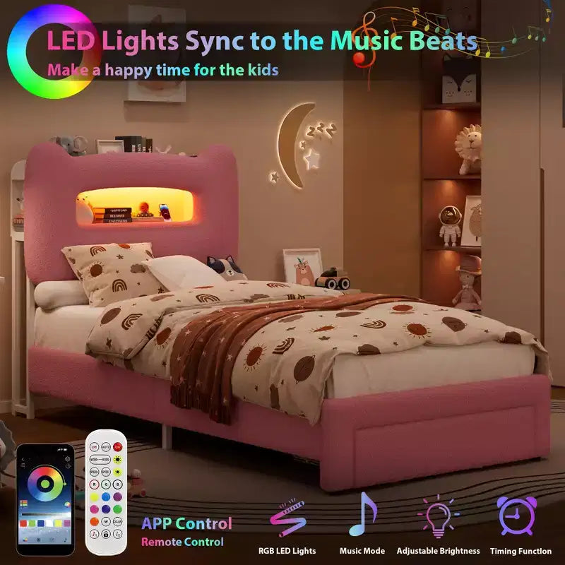 Cadre de lit double rembourré avec tête de lit de rangement à 2 niveaux, lit plateforme LED avec station de charge et tiroir pour enfants/filles/garçons, pas besoin de sommier tapissier