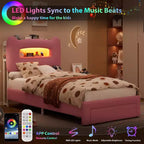 Cadre de lit double rembourré avec tête de lit de rangement à 2 niveaux, lit plateforme LED avec station de charge et tiroir pour enfants/filles/garçons, pas besoin de sommier tapissier