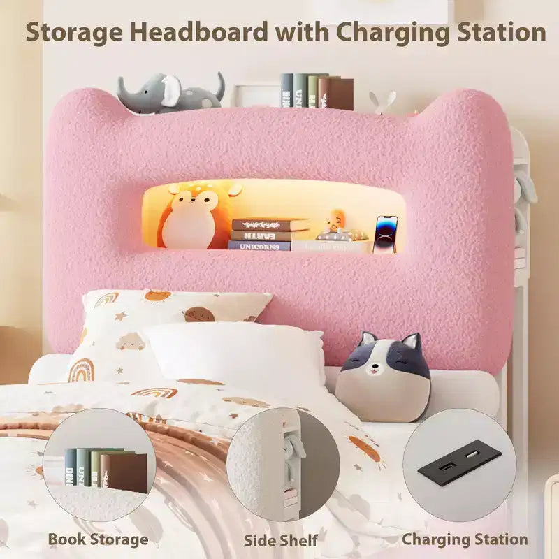 Cadre de lit double rembourré avec tête de lit de rangement à 2 niveaux, lit plateforme LED avec station de charge et tiroir pour enfants/filles/garçons, pas besoin de sommier tapissier