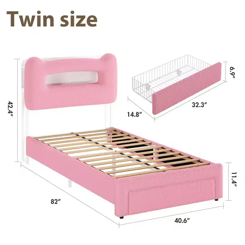 Cadre de lit double rembourré avec tête de lit de rangement à 2 niveaux, lit plateforme LED avec station de charge et tiroir pour enfants/filles/garçons, pas besoin de sommier tapissier