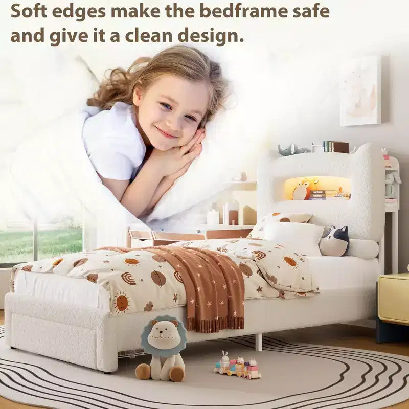 Cadre de lit double rembourré avec tête de lit de rangement à 2 niveaux, lit plateforme LED avec station de charge et tiroir pour enfants/filles/garçons, pas besoin de sommier tapissier