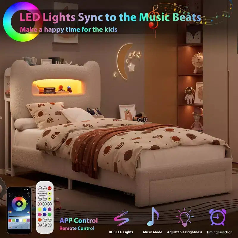 Cadre de lit double rembourré avec tête de lit de rangement à 2 niveaux, lit plateforme LED avec station de charge et tiroir pour enfants/filles/garçons, pas besoin de sommier tapissier