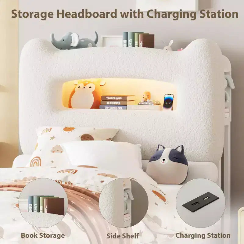 Cadre de lit double rembourré avec tête de lit de rangement à 2 niveaux, lit plateforme LED avec station de charge et tiroir pour enfants/filles/garçons, pas besoin de sommier tapissier