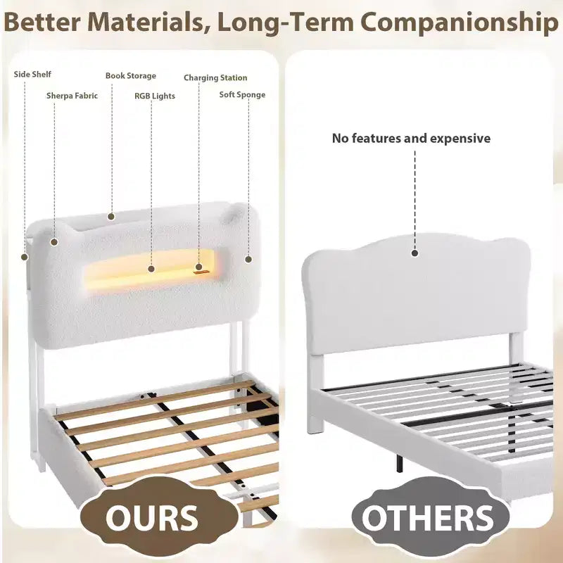 Cadre de lit double rembourré avec tête de lit de rangement à 2 niveaux, lit plateforme LED avec station de charge et tiroir pour enfants/filles/garçons, pas besoin de sommier tapissier