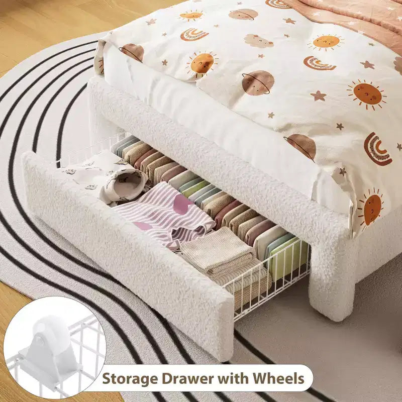 Cadre de lit double rembourré avec tête de lit de rangement à 2 niveaux, lit plateforme LED avec station de charge et tiroir pour enfants/filles/garçons, pas besoin de sommier tapissier