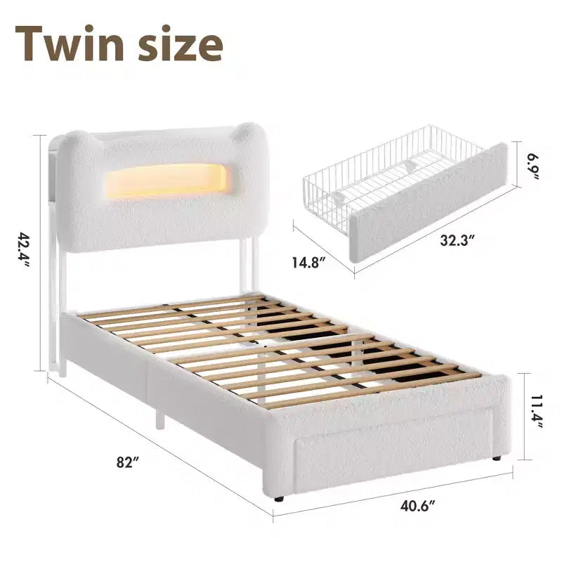 Cadre de lit double rembourré avec tête de lit de rangement à 2 niveaux, lit plateforme LED avec station de charge et tiroir pour enfants/filles/garçons, pas besoin de sommier tapissier