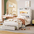 Upholstered Twin Bed Frame with 2-Tier Storage Headboard, LED Platform Bed with Charging Station and Drawer for Kids/Girls/Boys, No Box Spring Needed