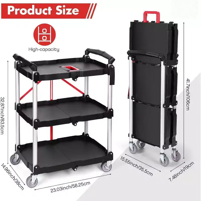 Chariot utilitaire pliable robuste de 80 kg, Chariot de service pliable avec roues pivotantes à 360°, Poignée ergonomique rouge