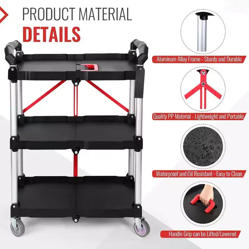 Chariot utilitaire pliable robuste de 80 kg, Chariot de service pliable avec roues pivotantes à 360°, Poignée ergonomique rouge