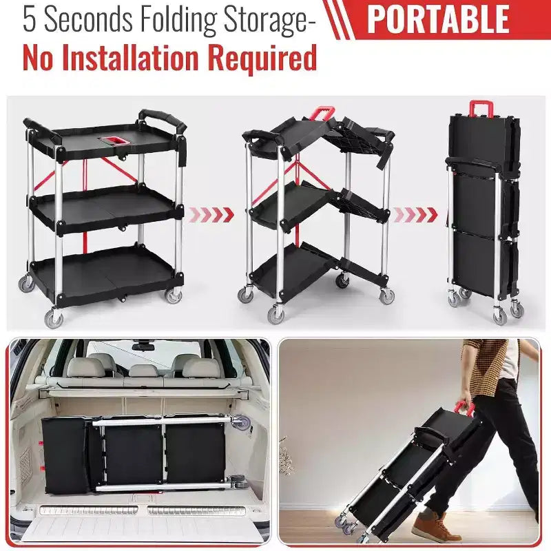Chariot utilitaire pliable robuste de 80 kg, Chariot de service pliable avec roues pivotantes à 360°, Poignée ergonomique rouge
