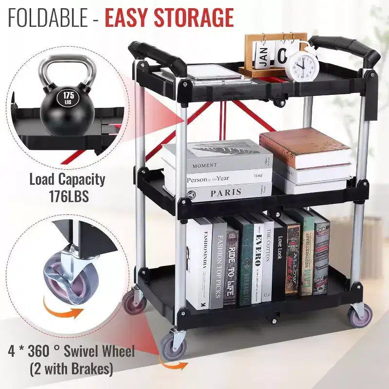 Chariot utilitaire pliable robuste de 80 kg, Chariot de service pliable avec roues pivotantes à 360°, Poignée ergonomique rouge
