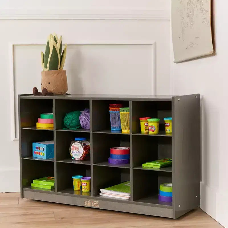 Meuble de rangement mobile ECR4Kids à 12 casiers et 15 bacs Scoop Front, 3x4, mobilier pour enfants