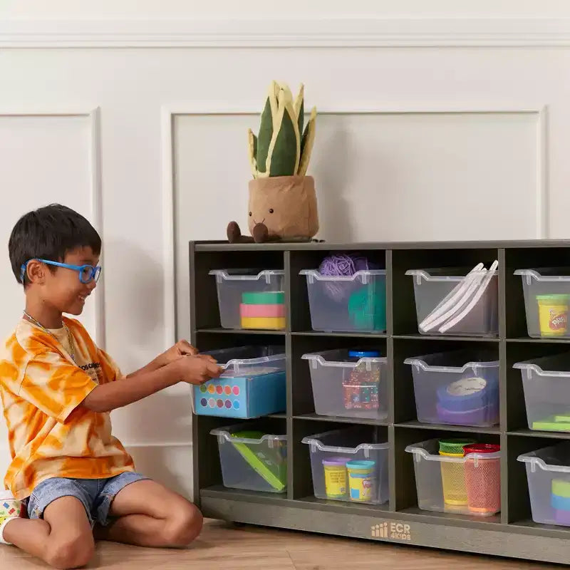 Meuble de rangement mobile ECR4Kids à 12 casiers et 15 bacs Scoop Front, 3x4, mobilier pour enfants