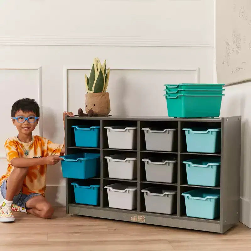 Meuble de rangement mobile ECR4Kids à 12 casiers et 15 bacs Scoop Front, 3x4, mobilier pour enfants