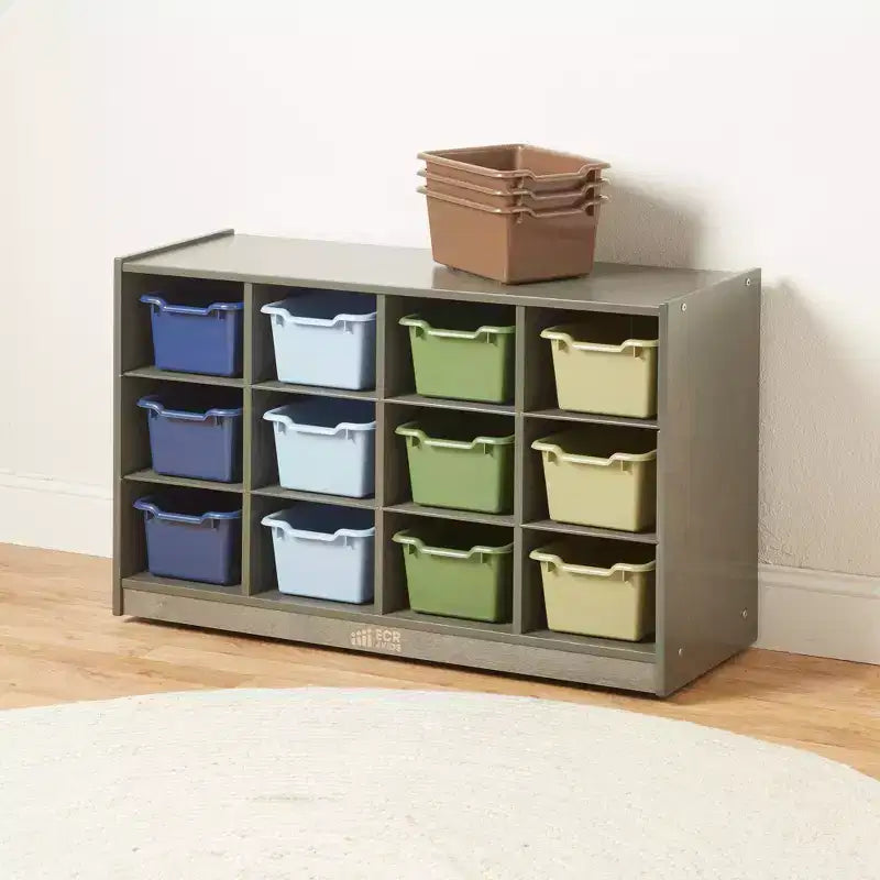 Meuble de rangement mobile ECR4Kids à 12 casiers et 15 bacs Scoop Front, 3x4, mobilier pour enfants