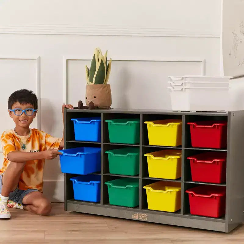 Meuble de rangement mobile ECR4Kids à 12 casiers et 15 bacs Scoop Front, 3x4, mobilier pour enfants