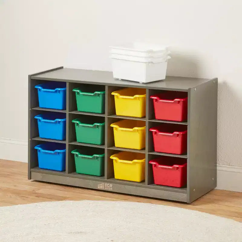 Meuble de rangement mobile ECR4Kids à 12 casiers et 15 bacs Scoop Front, 3x4, mobilier pour enfants