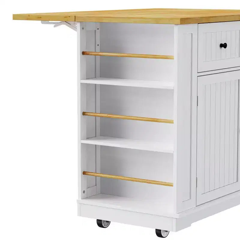 Îlot de cuisine de 48 po avec abattant, prise de courant, étagère de rangement interne, 2 tiroirs, chariot roulant sur 5 roulettes avec 5 étagères latérales ouvertes
